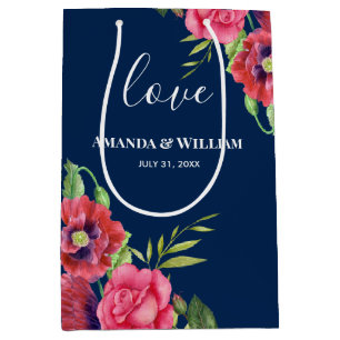 Wedding Favour Red and Pink Flowers Dark Navy Medium Gift Bag
