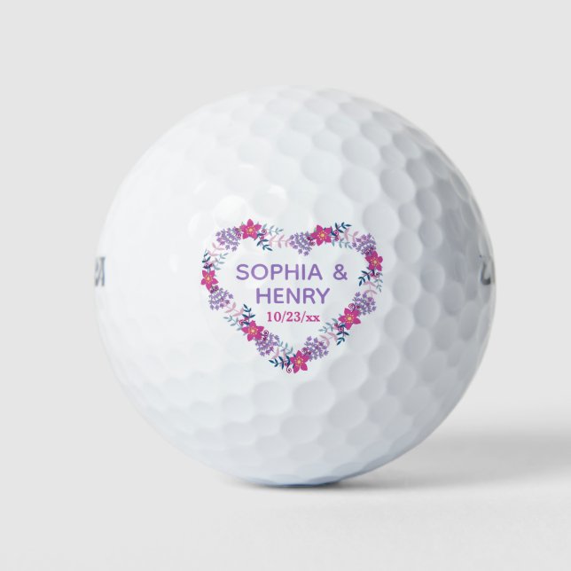 Wedding Favour Rustic Floral Heart Golf Balls (Front)