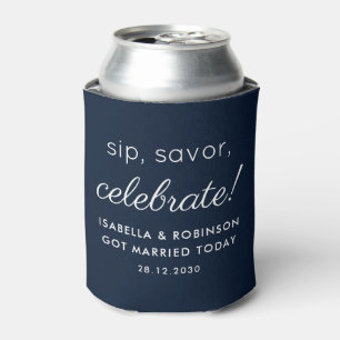Wedding Favour Sip Savour Celebrate Navy Blue Funn Can Cooler