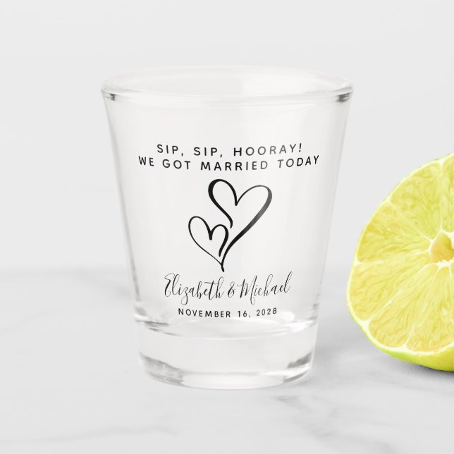 Wedding Favour Sip Sip Hooray Hearts Shot Glass (Front)