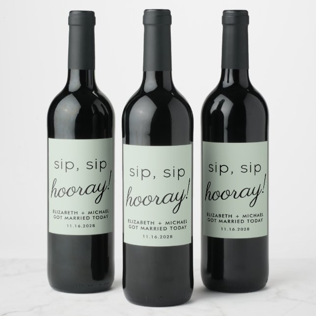 Wedding Favour Sip Sip Hooray Sage Green Wine Label (Bottles)