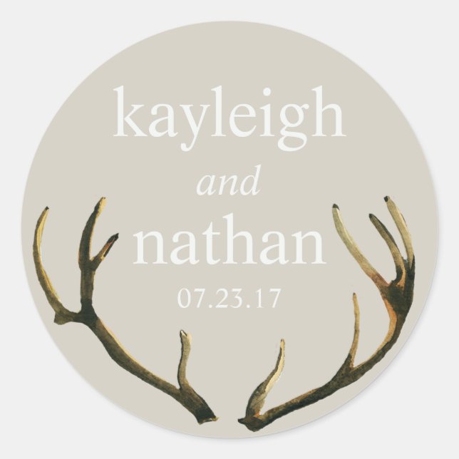 Wedding Favour Stickers Rustic Antlers Custom Name (Front)