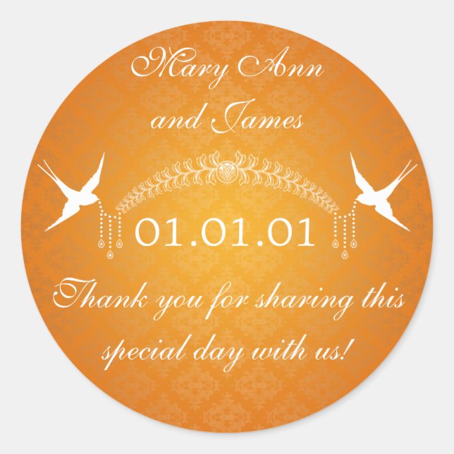 Wedding Favour Tag Birds & Diamonds Orange (Front)