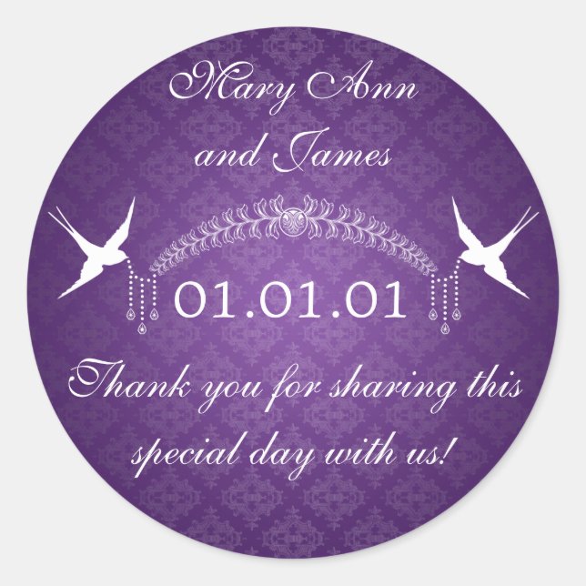 Wedding Favour Tag Birds & Diamonds Purple (Front)