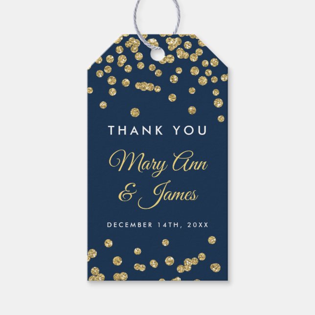 Wedding Favour Tag Gold Faux Glitter Confetti Navy (Front)