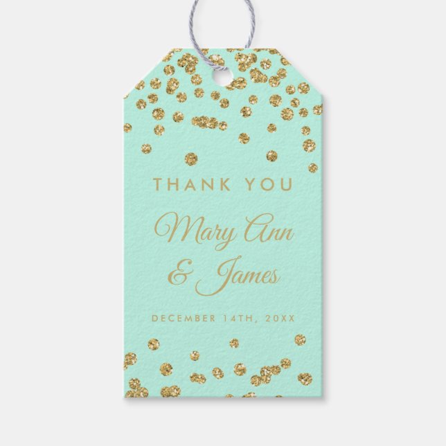 Wedding Favour Tag Gold Glitter Confetti Mint Gree (Front)