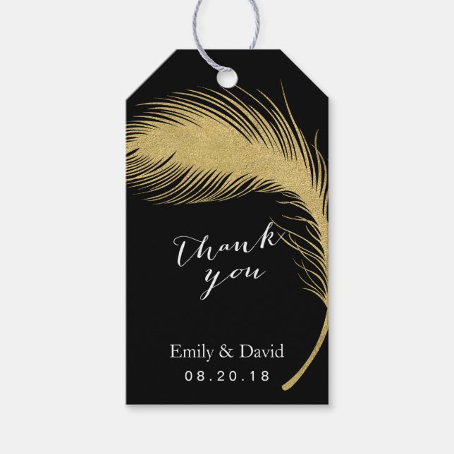 Wedding Favour Tag | Modern Gold Peacock Feather (Front)