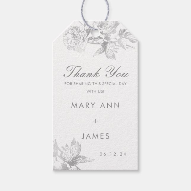 Wedding Favour Tag Modern Simple Floral Silver (Front)
