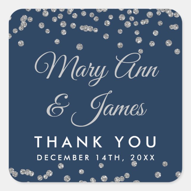 Wedding Favour Tag Silver Glitter Confetti Navy (Front)