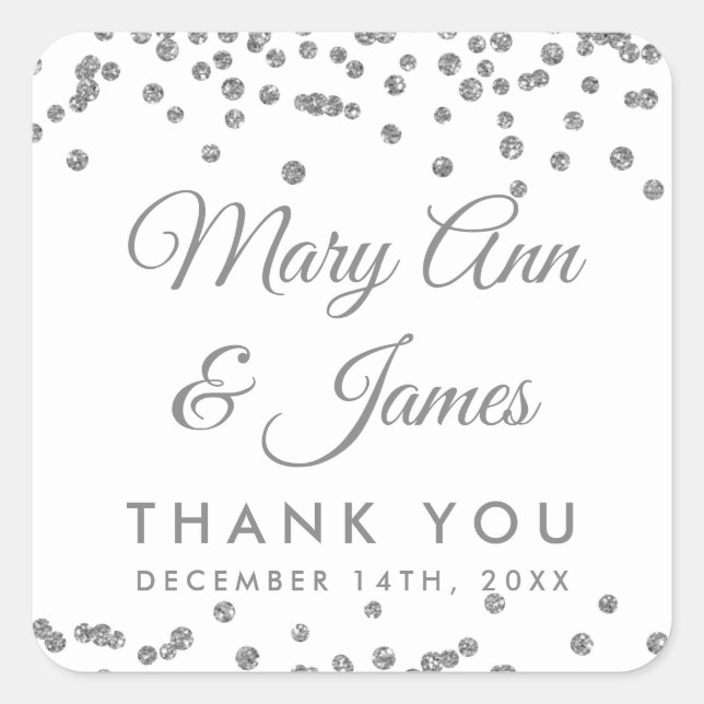 Wedding Favour Tag Silver Glitter Confetti White (Front)