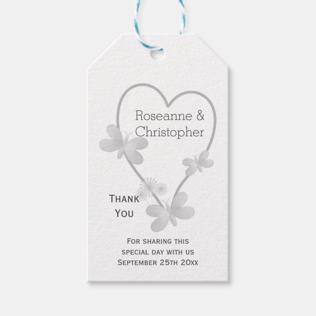 Wedding Favour Tag Silver Heart Butterflies (Front)