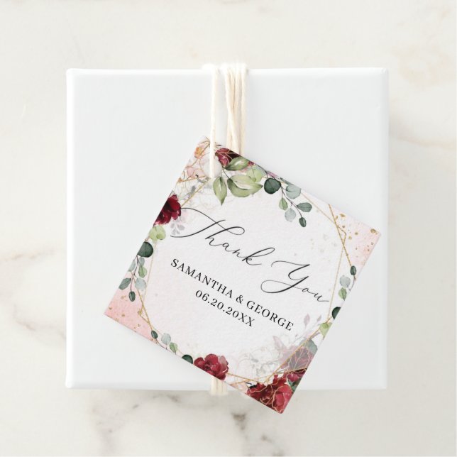 Wedding favour tags blush burgundy gold greenery (In Situ)