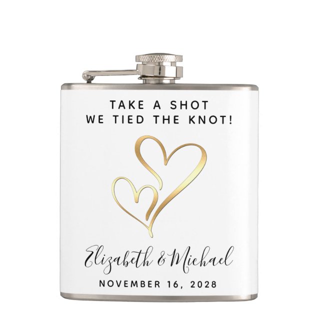 Wedding Favour Take A Shot We Tied The Knot White Hip Flask (Front)
