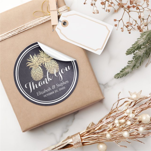Wedding Favour Thank You Chic Gold Pineapple Coupl Classic Round Sticker (Creator Uploaded)