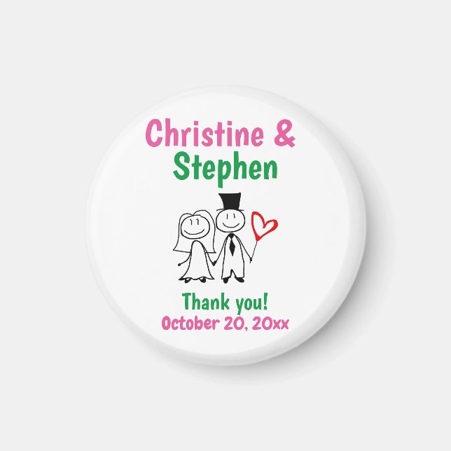 Wedding Favour Thank You Cute Cartoon Stick Couple Magnet (Front)