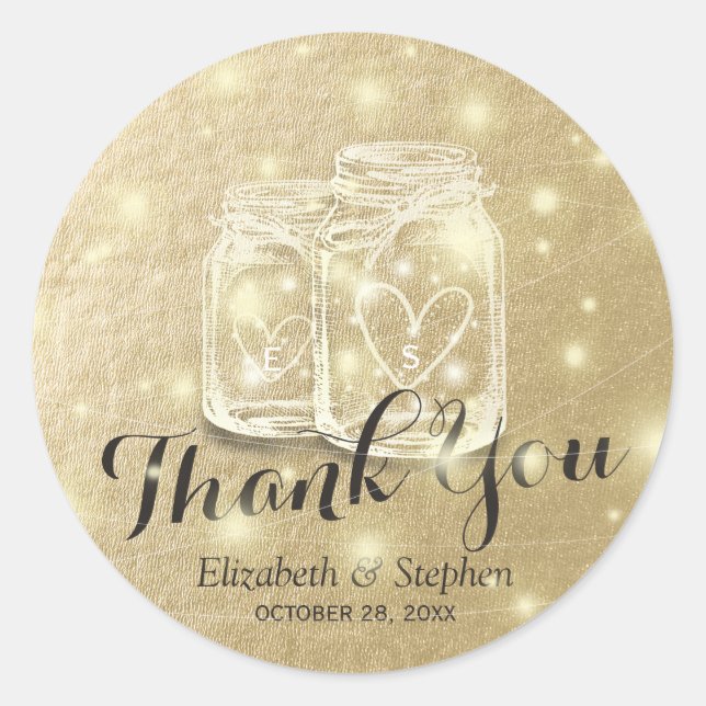 Wedding Favour Thank You Mason Jar & String Lights Classic Round Sticker (Front)