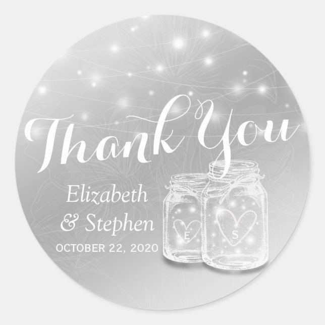 Wedding Favour Thank You Mason Jars & String Light Classic Round Sticker (Front)