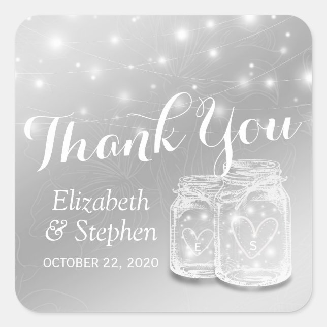 Wedding Favour Thank You Mason Jars & String Light Square Sticker (Front)