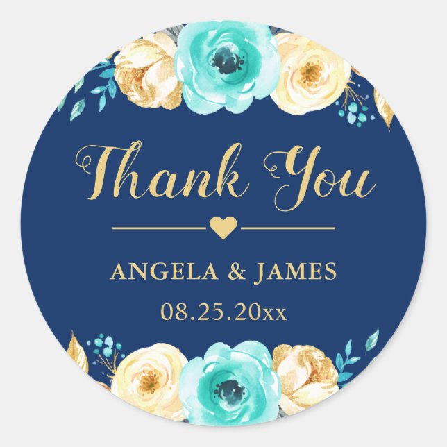 Wedding Favour Thank You Navy Blue Gold Floral Classic Round Sticker (Front)