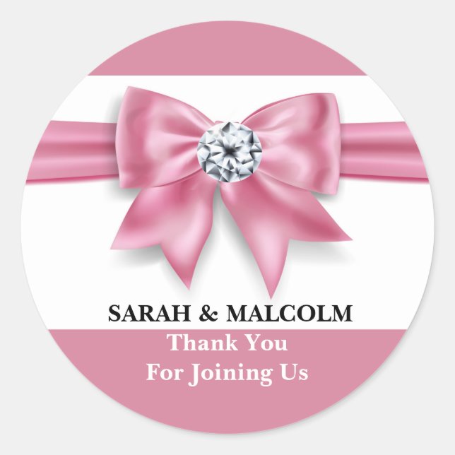 Wedding favour thank you pink white bow rhinestone classic round sticker (Front)