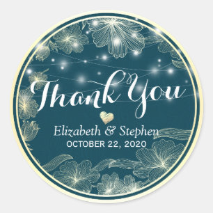 Wedding Favour Thank You Sticker Blue Gold Flowers
