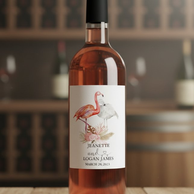 Wedding Favour Tropical Flamingo Boho Watercolor  Wine Label (Creator Uploaded)