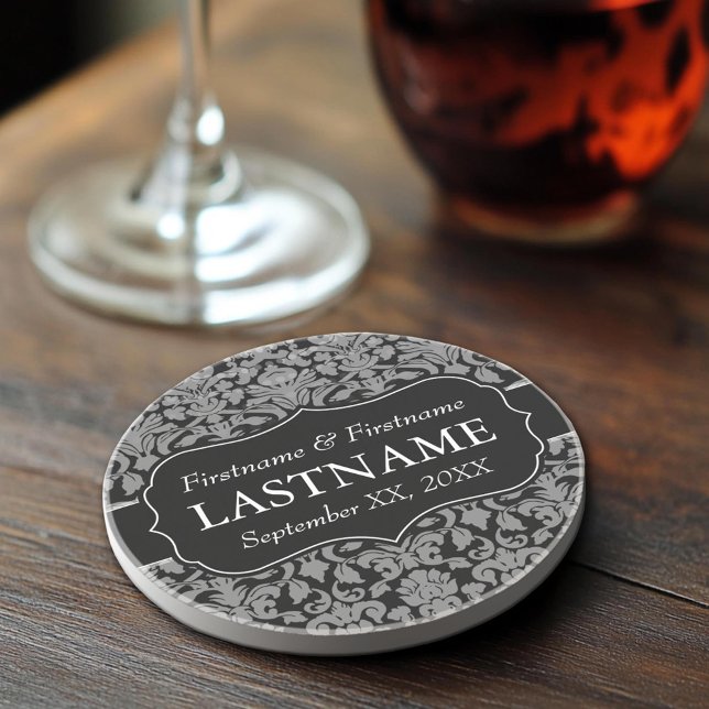 Wedding Favour - Vintage Black Damask Pattern Coaster (Sandstone Coaster)