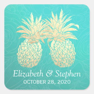 Wedding Favour Vintage Gold Foil Pineapple Couple Square Sticker