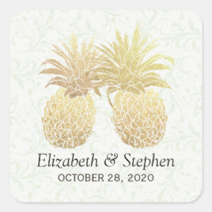 Wedding Favour Vintage Gold Foil Pineapple Couple Square Sticker