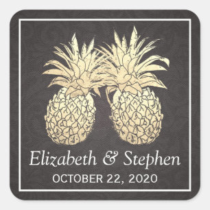 Wedding Favour Vintage Gold Foil Pineapple Couple Square Sticker
