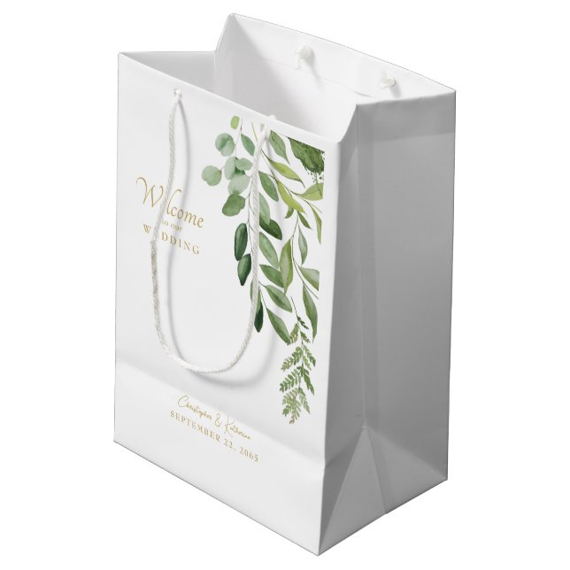 Wedding Favour Welcome Foliage Gold Text Medium Gift Bag (Back Angled)