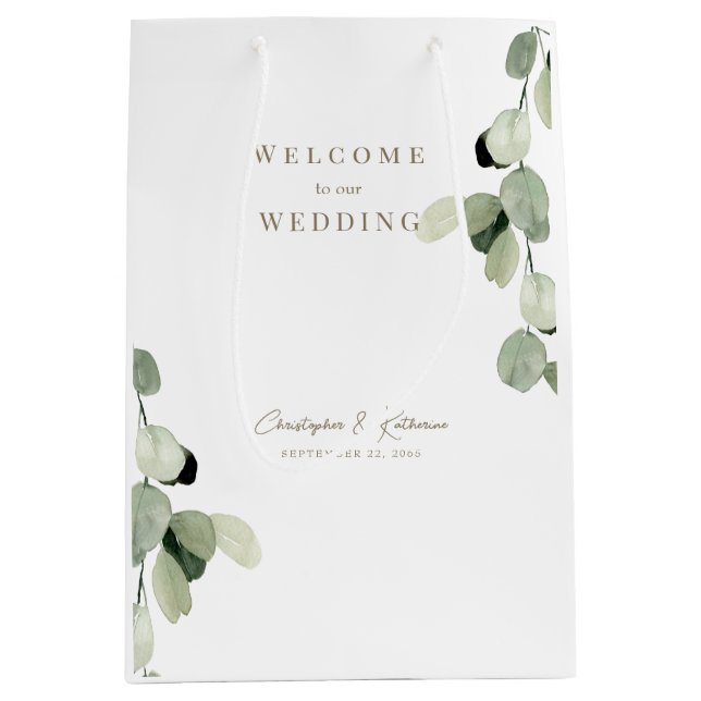 Wedding Favour Welcome Greenery Gold Text Medium Gift Bag (Front)