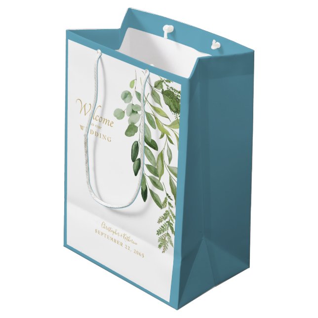 Wedding Favour Welcome Names Foliage Blue Medium Gift Bag (Back Angled)