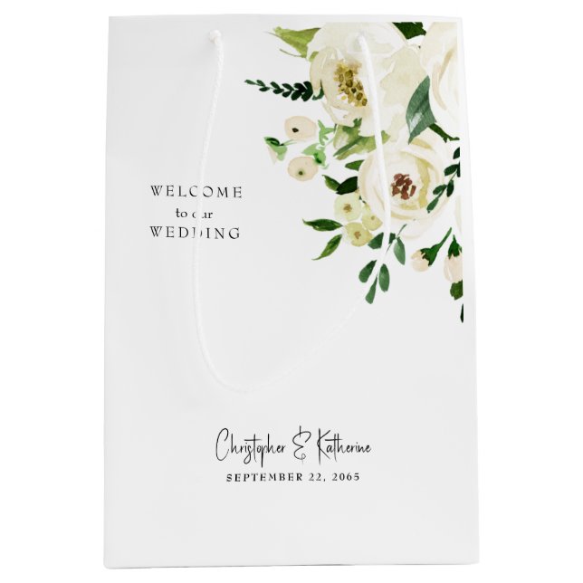 Wedding Favour Welcome White Floral  Medium Gift Bag (Front)