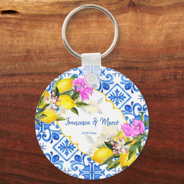 Wedding Favours Blue tiles lemon Bougainvillea Key Ring (Front)