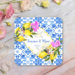 Wedding favours gift Blue tiles lemon Bougainville Square Paper Coaster<br><div class="desc">Blue tiles Bougainvillea  and lemon Amalfi Positano Mediterranean style custom wedding favour gift personalised name paper coasters,  personalised bridal party gifts.</div>