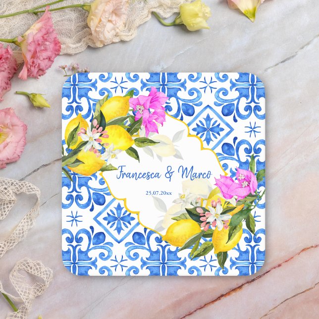 Wedding favours gift Blue tiles lemon Bougainville Square Paper Coaster (Creator Uploaded)