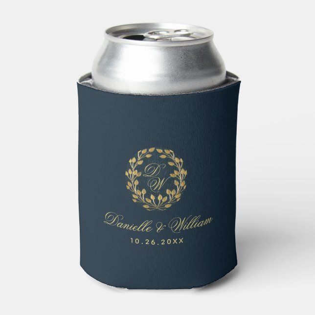 Wedding Favours Navy Blue  Monogram in Gold Wreath Can Cooler (Can Front)