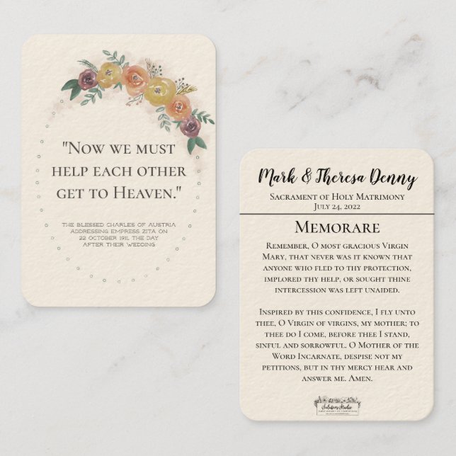 Wedding Favours St. Charles Memorare Holy Card (Front/Back)