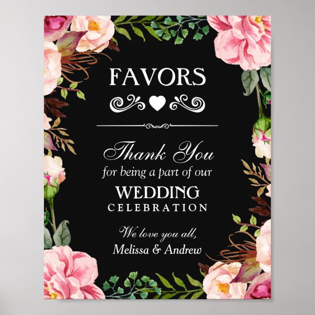 Wedding Favours Thank You Sign | Pink Floral (Front)