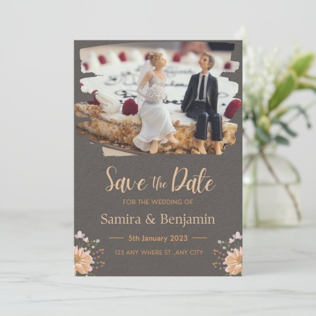 Wedding Figurine of a Couple, Dark Grey and Orange Invitation (Standing Front)
