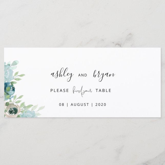 Wedding Find Your Table Dusty Blue Floral Card (Front)