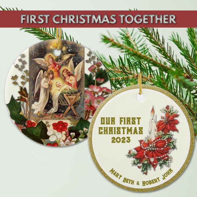 Wedding First Christmas Catholic Ceramic Ornament (Our First Christmas Together with the Nativity of Jesus and the Holy Rosary)