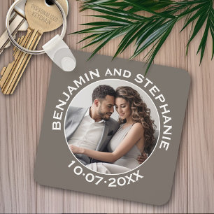 Wedding First Christmas Photo Custom Name and Year Key Ring