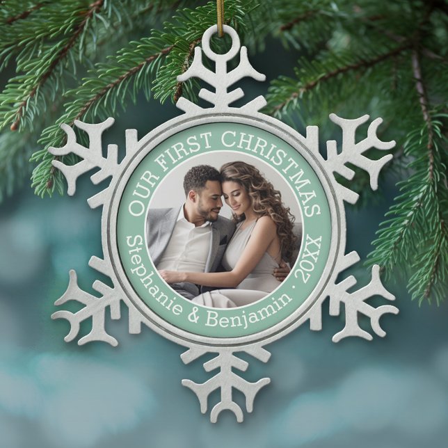 Wedding First Christmas Photo Custom Name and Year Snowflake Pewter Christmas Ornament (Personalized Pewter Christmas Ornament - Photo - First Christmas)