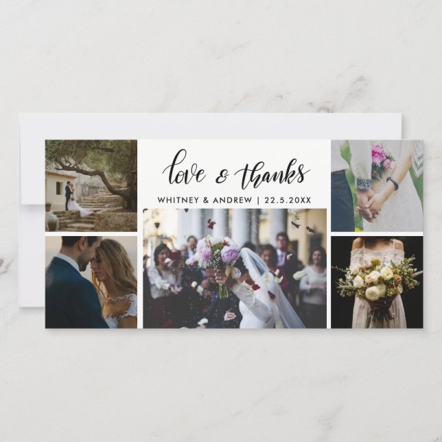 Wedding Five Photos Love & Thanks Script Thank You Card (Front)