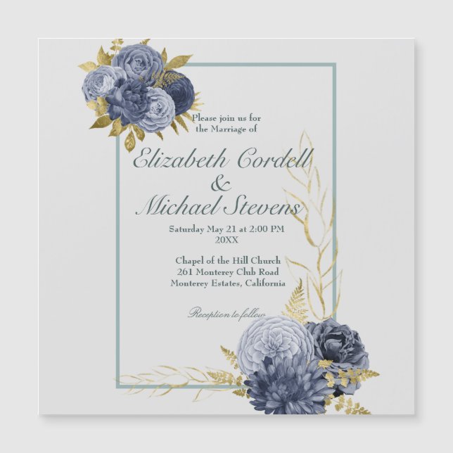 Wedding Flat Dusty Blue Gold Wedding Invitation (Front)