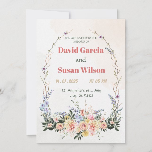 Wedding floral arch pink,purple,yellow watercolor invitation (Front)