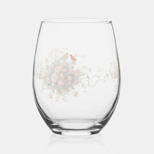 Wedding floral bird Elegant Colorful Watercolor Stemless Wine Glass