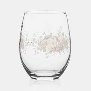 Wedding floral bird Monogram Elegant Simple Minima Stemless Wine Glass